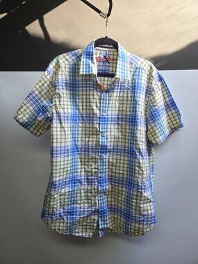 Mens Robert Graham X Button Up Plaid Short Sleeve Shirt Blue Yellow Sz XL